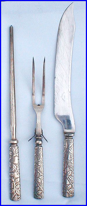 EMBOSSED 1882 Pears Pattern Steak Carving Knife Fork Sharpening Rod set